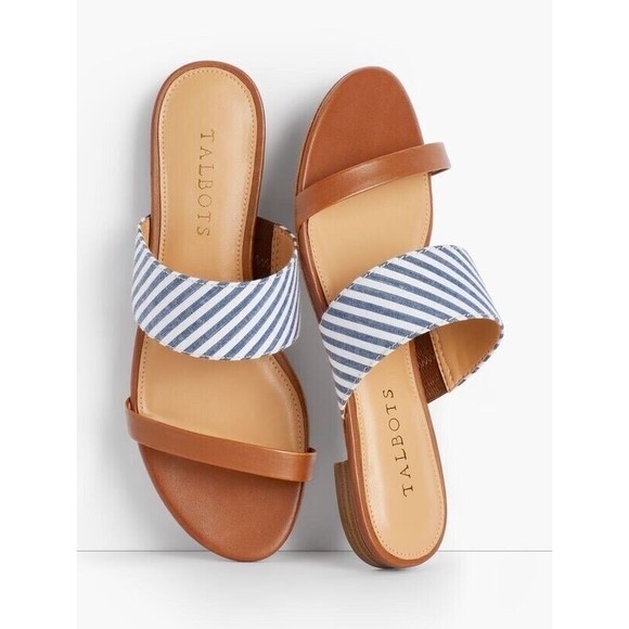 Talbots Keri Seersucker Sandals Blue Stripes with Brown Slip-on Size 9 - Picture 2 of 7